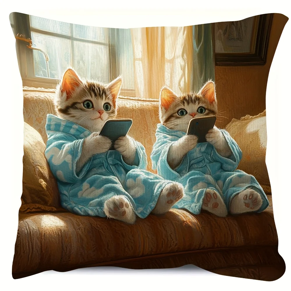 1pc Two Kittens In Pajamas Using Phones Double‑Sided Print Pillow Cover, Cushion Case for Sofa Bedroom, Insert Not Included