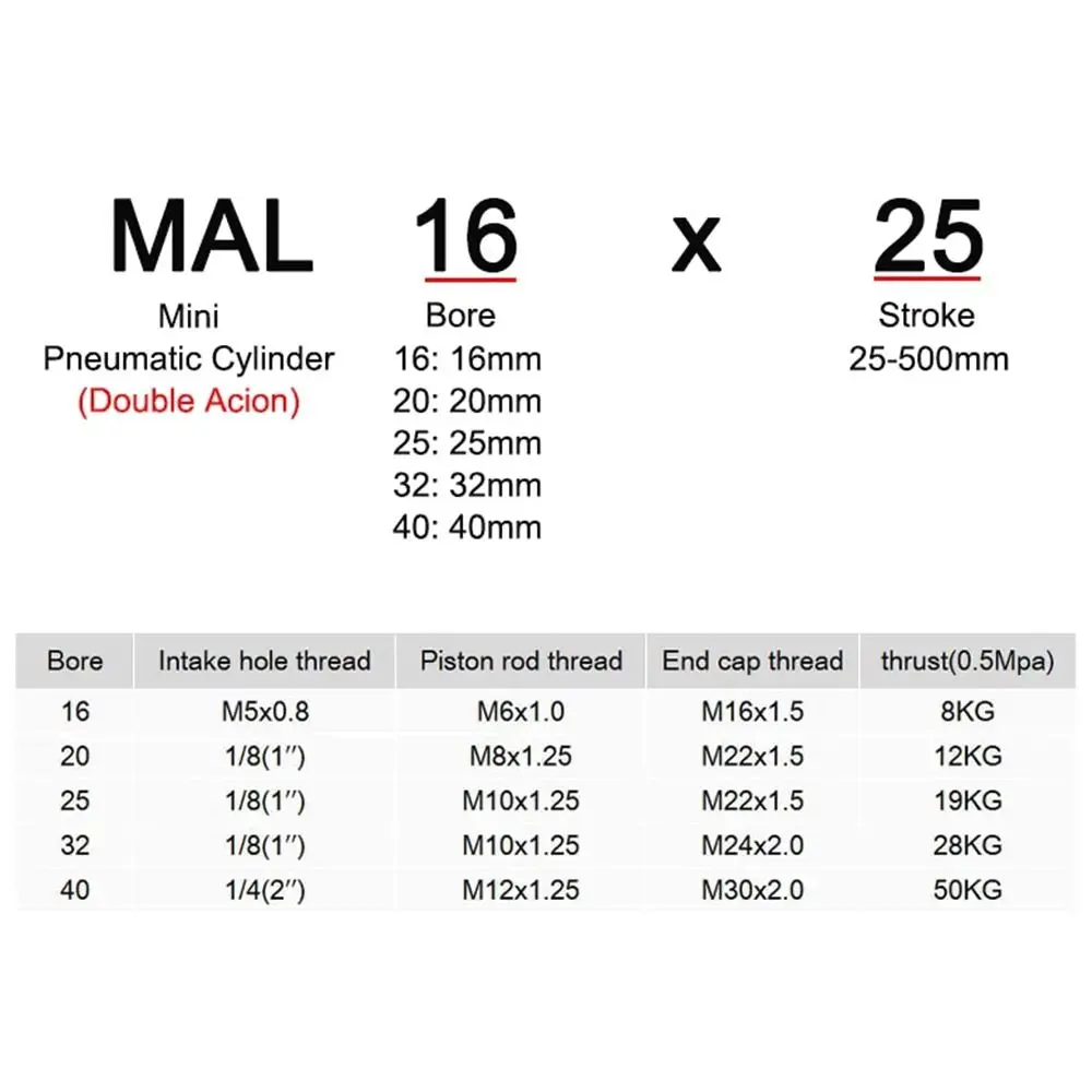 1Pcs 16/20/25/32/40mm Cylind Bore Pneumatic Air Cylinder Double Compressed Single Lever MAL Cylinder Aluminum Alloy