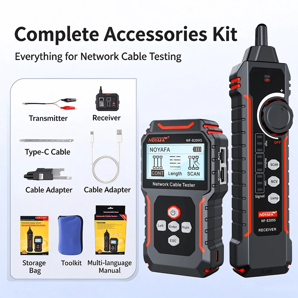 NOYAFA NF-8209S – tester i lokalizator kabli sieciowych Cat5e, Cat6, Cat6a, Cat7, Cat8, z funkcją PoE, TDR, pomiaru długości, sprawdzania ciągłości, mapowania połączeń, diody NCV, RJ45, LAN. — zdjęcie produktu 6