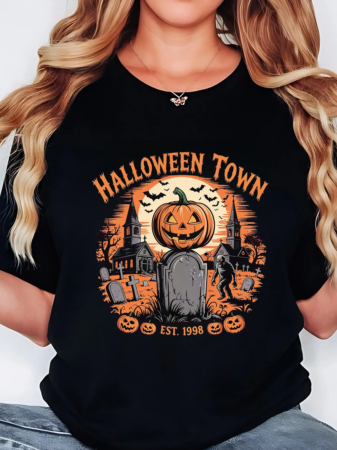 Plus Size 0XL to 8XL Women'S Loose Round Neck T-Shirt Halloween Town Graveyard Pumpkin Zombie Halloween Print Casual Short Sleeve Top