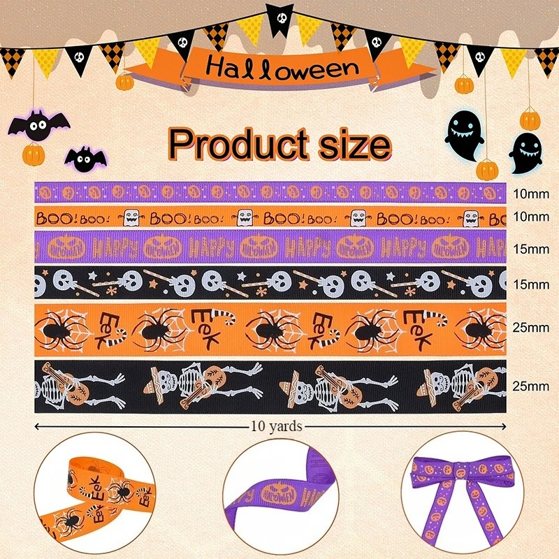 HoneyCherry Halloween Decorations Skull Ribbon - Pumpkin Spider Ghost Festival Packaging Webbing & Halloween Gift Ribbon