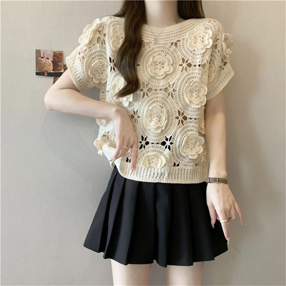 Sweter na szydełku Pulower 2025 Lato Wiosna Kwiaty Ażurowe Dzianiny Koreańska Moda Elegancki Vintage Damski Pulower Koszula Top