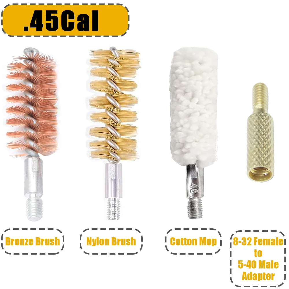 .45Cal Handgun Cleaning Kit - Bore Cleaning Nylon & Bronze Brushes, Cotton Mop for Pistol Maintenance