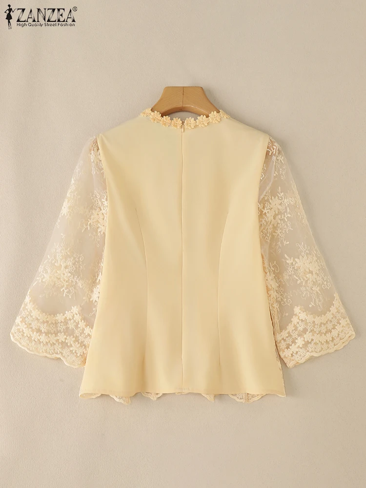 ZANZEA Ingericht Taille Damesblouses Elegant Kant Patchwork Geborduurd Tule OL Sheer Blusas Mujer 3/4 Mouw Mode Tuniek Tops