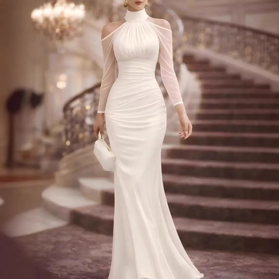 

Elegant Party Wedding Guest Dress Off Shoulder Long Sleeve Mermaid Dresses High Waist Ruched Evening Dress Floor Length Maxi