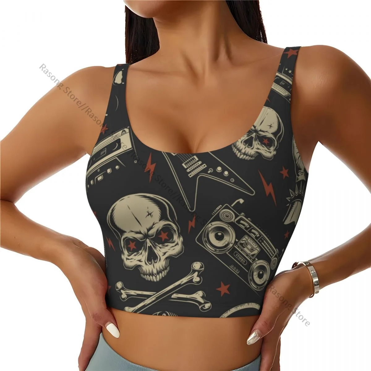 Sports Bra Women Running Yoga Clothes Vest Skull Musical Electric Guitar And Cassette Gathering Fitness Vest