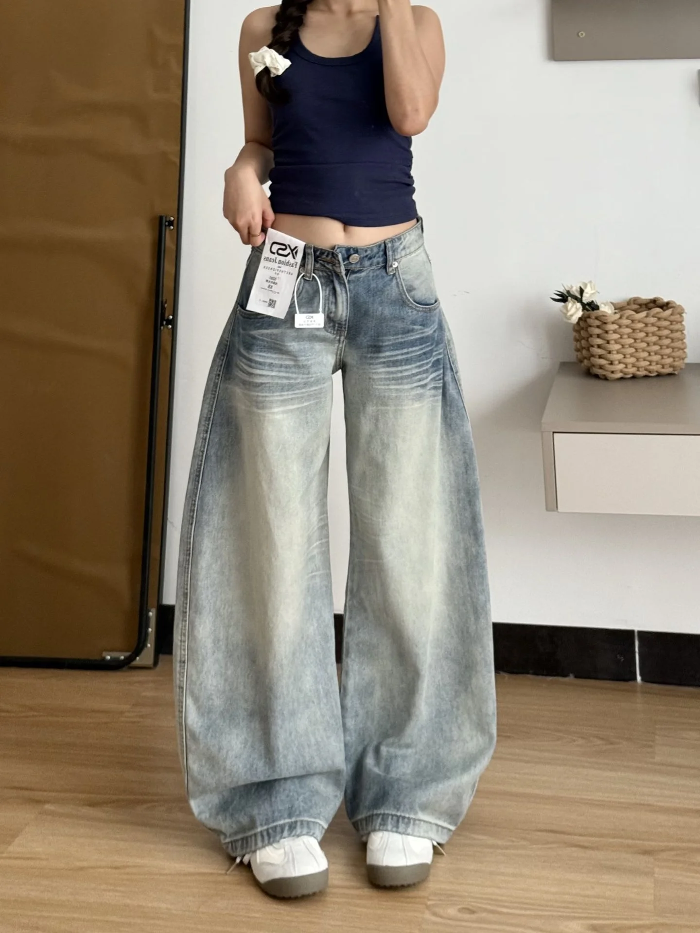 بالإضافة إلى حجم الجينز الأمريكي الرجعية المرأة الخريف الكمثرى الجسم القرد الدهون مم التخسيس فضفاض مستقيم الساق واسعة الساق طول الأرض...