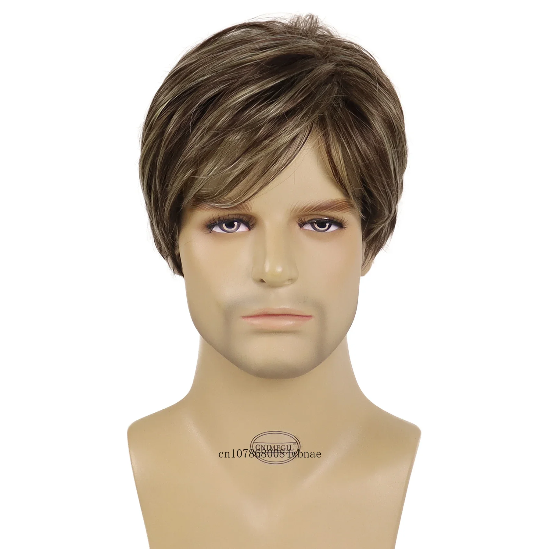 Men's Stylish Wig Synthetic Hair Short Haircuts Mix Brown Wigs with Bangs for Boys Male Heat Resistant Daily Use Party Costume