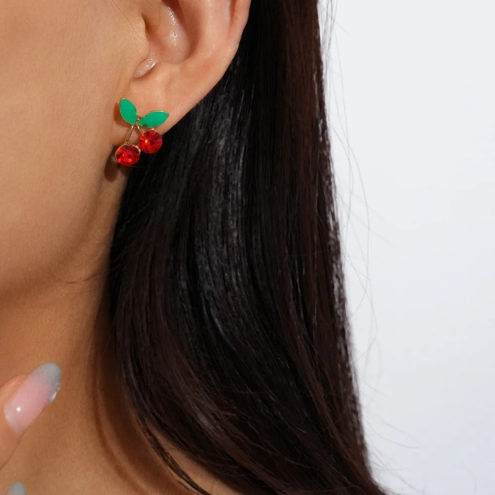 Strawberry Lemon Fruits Studs Earrings Crystal Rhinestone Creative Mini Cherry Earrings Orange Cherry Simulation