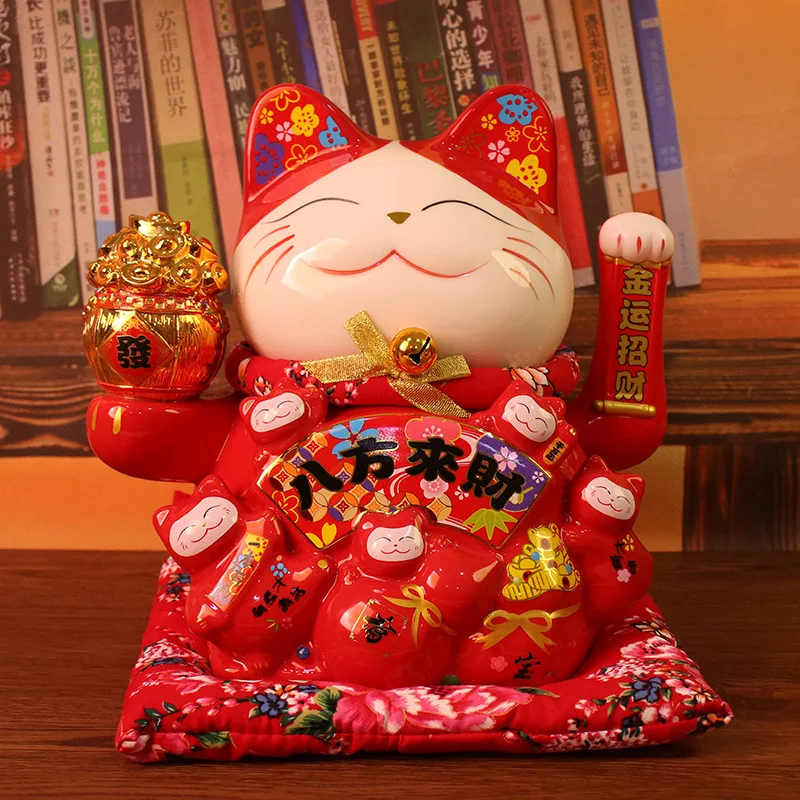 

8 Inch/11 Inch Ceramic Rocking Hand Lucky Cat Ornament Opening Gift Large Automatic Crank Front Desk Ornaments Home Decoration