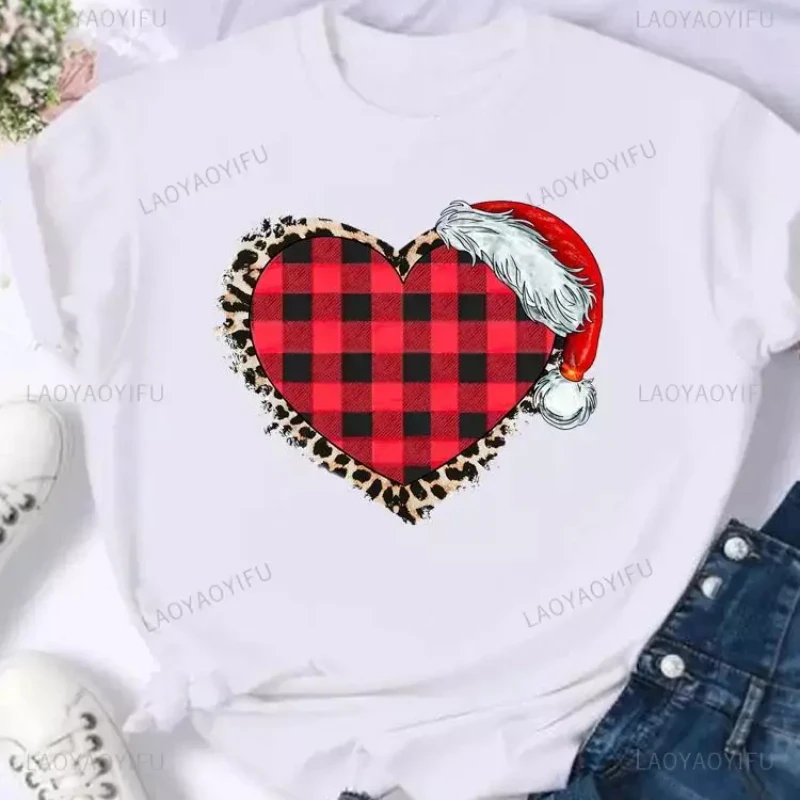 Red Hat Plaid Love Heart Cute Women Holiday Cotton Clothing Merry Christmas New Year Fashion Men Print Shirts Kawaii Graphic Top