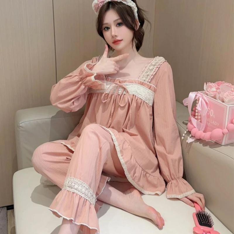 الربيع والخريف Y2K فتاة حلوة وحارة القطن طقم بيجامة بأكمام طويلة نمط الأميرة لطيف يمكن ارتداؤها كملابس خارجية ايمو