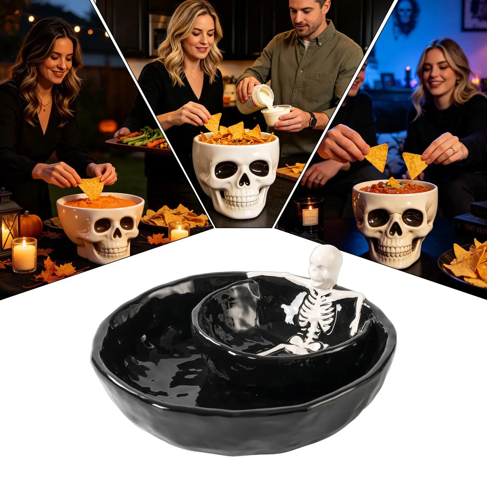 Ceramic Skull Dipping Bowls Halloween Double Layer Salsa Guacamole Server 8.5 Inch Gothic Dish Appetizer Tray Housewarming Gift
