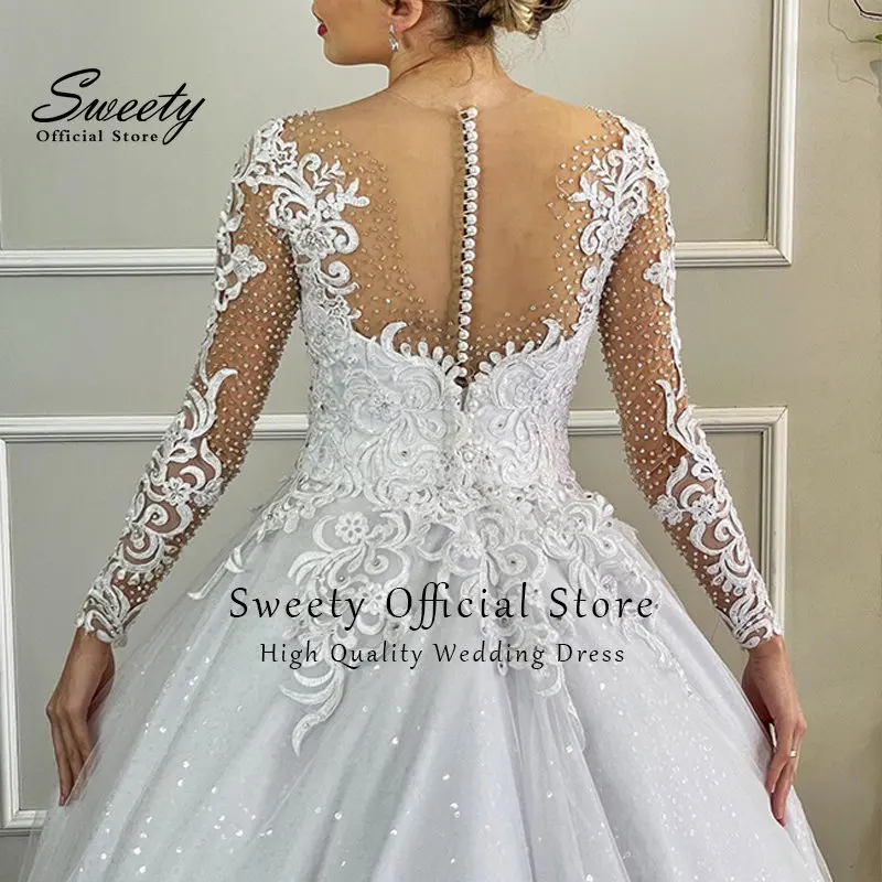 Luxury Wedding Dress Beading With Embroidery Princess Ball Gown O-Neck Full Sleeve Bridal Hand Drill Back Button Robe De Mariee