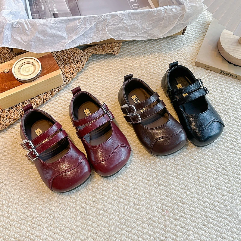 Kids Flat Shoes Double Hook&loop Girls Princess Shoes Soild Color Versatile 2026 Brand New Children Leather Shoes Non-slip