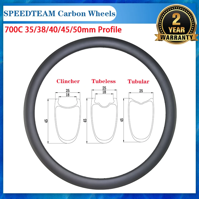 700C 35/38/40/45/50mm Profile Road Bike Carbon Rim 25mm Width 18mm Inner Tubeless Clincher Tubular Disc / V Brake 16-36 Holes