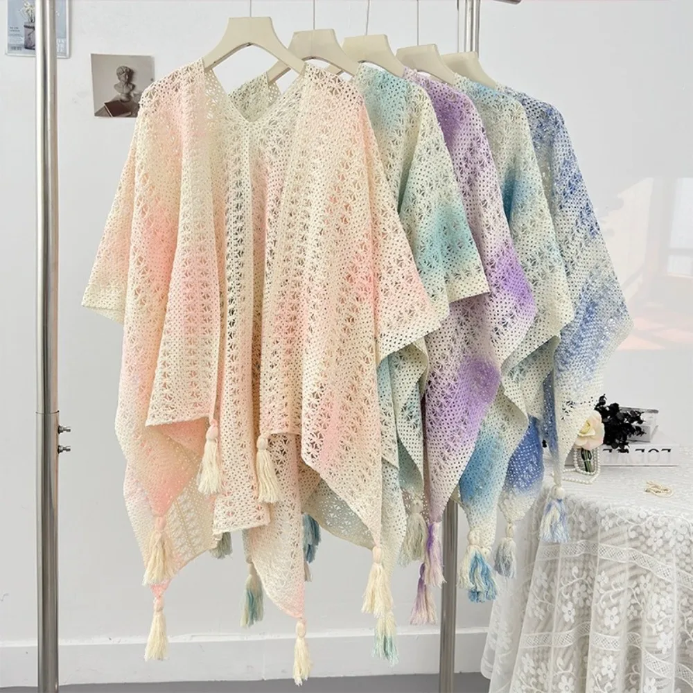 

Trendy Tie Dye Knitted Hollow Out Shawl Ethnic Style Bohemian Cardigan Tassel Shawl Versatile Mongolian Poncho