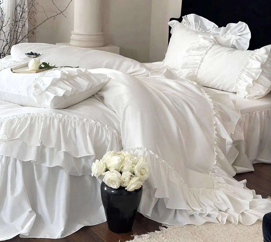 Fairyfair ruffle solid bedding set,full queen king romantic princess pure cotton home textile bed skirt pillow case duvet cover