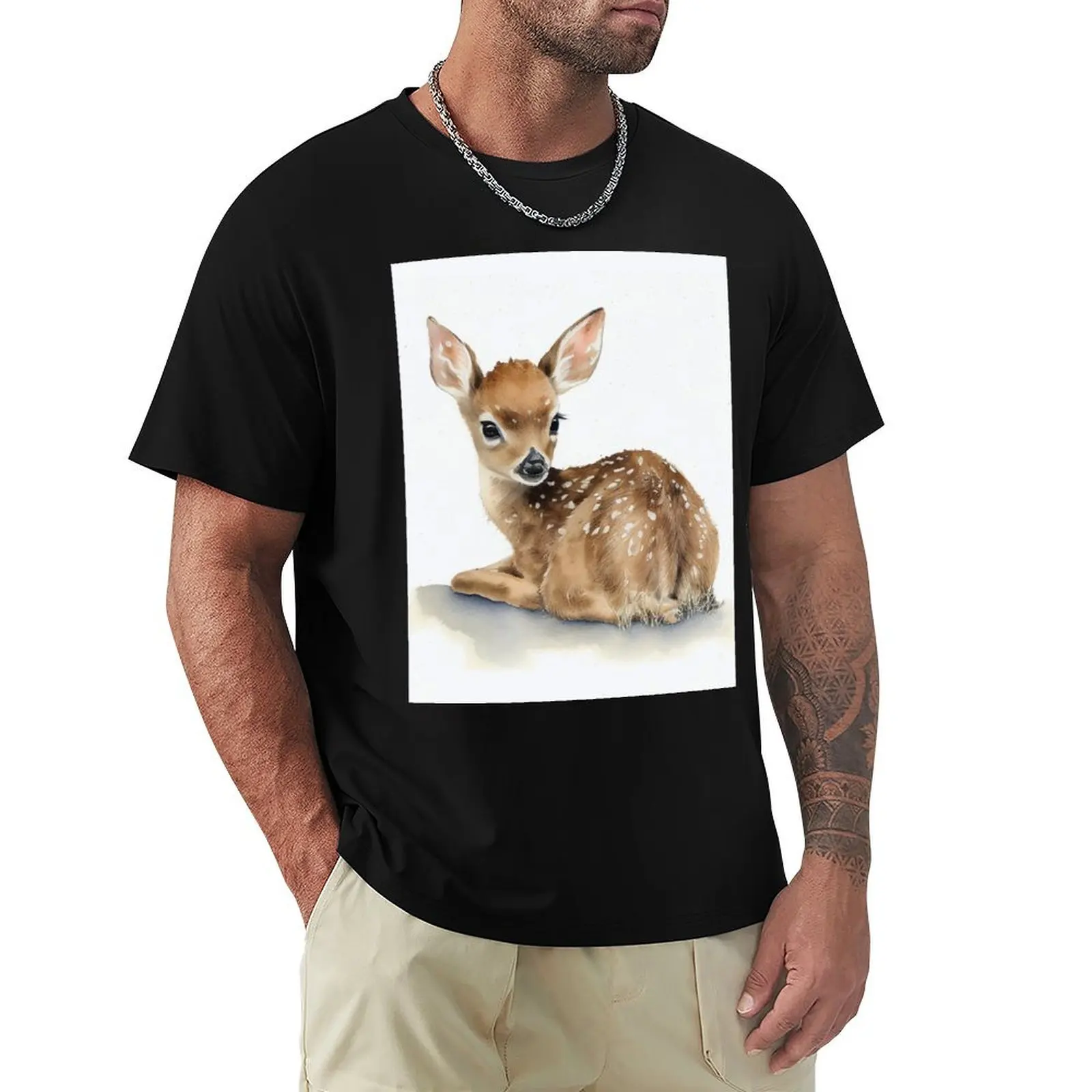 Deer Forest animal Watercolor Painting T-Shirt t shirts for man cotton T-Shirt