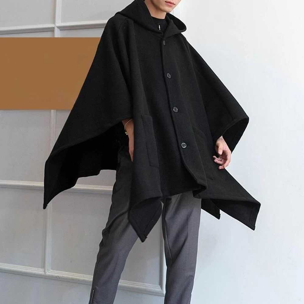 Mens Dark Style Mid-Length Casual Hooded Cape Autumn And Winter Genderless Fashion Retro Loose Solid Color Shawl Cape Unisex