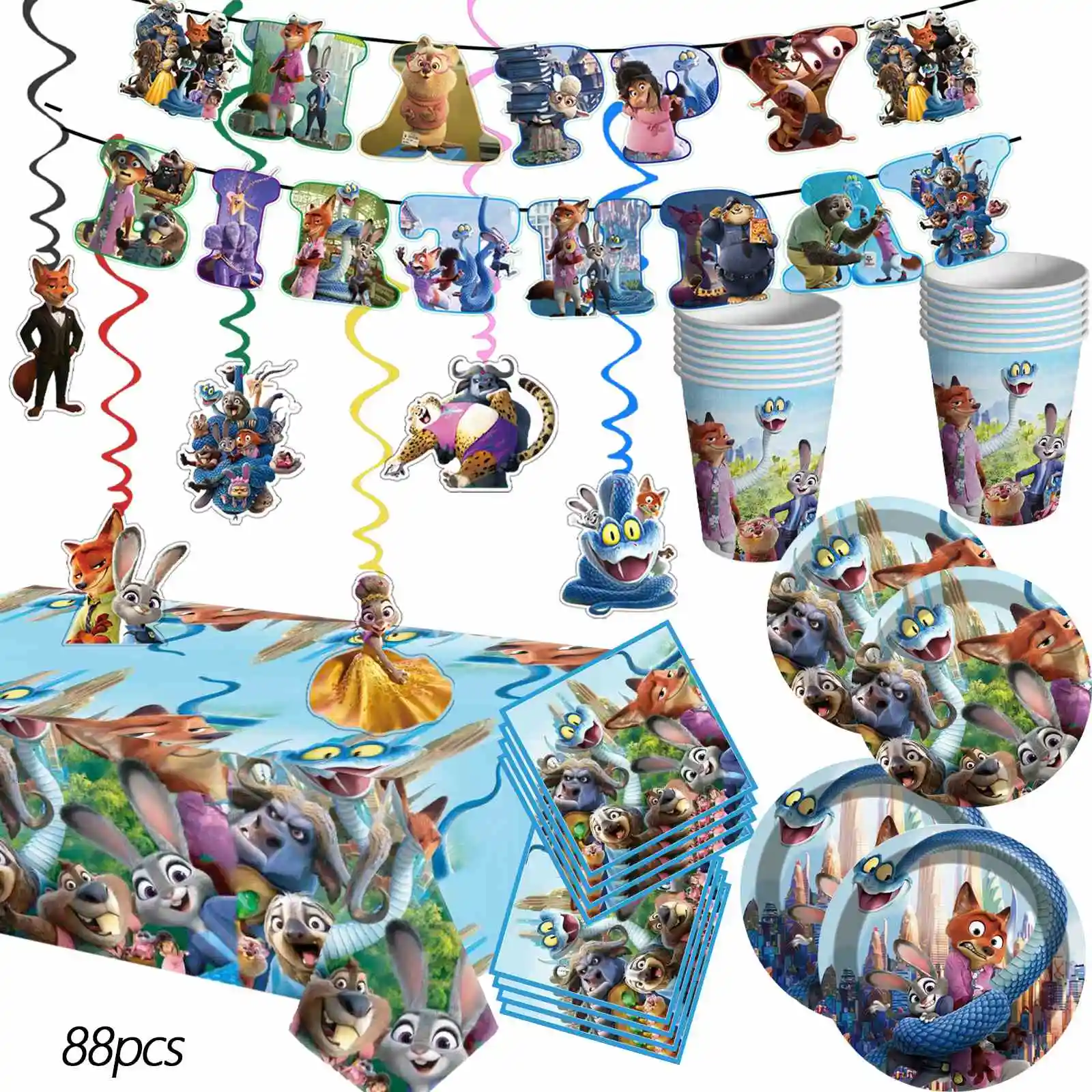 88 pièces d'accessoires de fête Zootopia 2, comprenant une bannière d'anniversaire, des spirales suspendues, une assiette, des gobelets en papier, des serviettes, une nappe pour la fête Zootopia 2