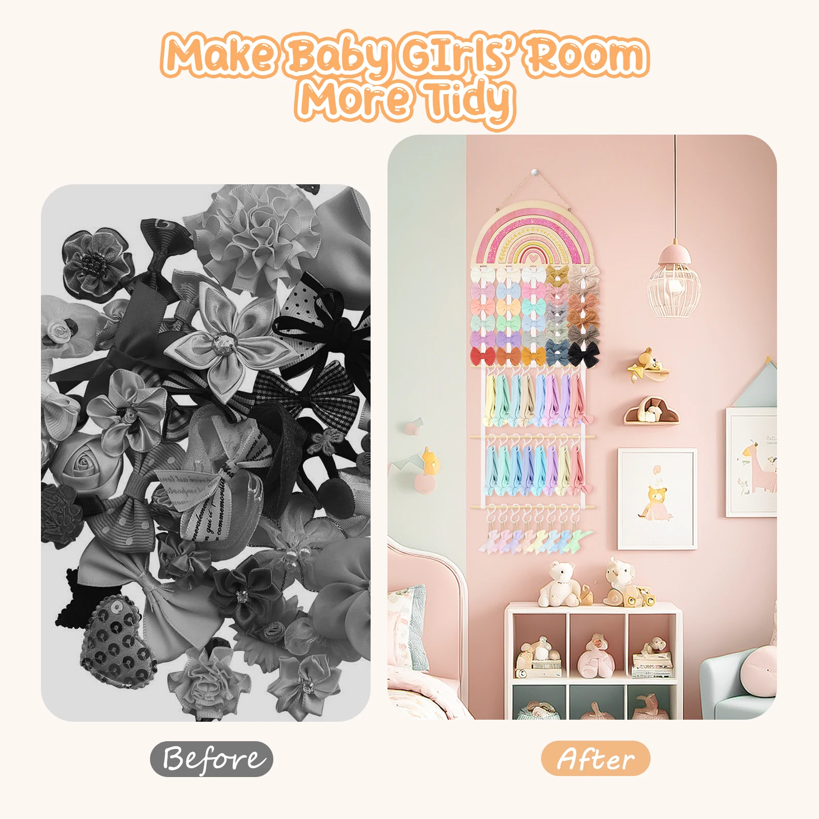 Деревянный Радужный органайзер для аксессуаров для волос с 30 крючками, настенная подвесная повязка на голову, стеллаж для детской комнаты, комнаты для маленьких девочек