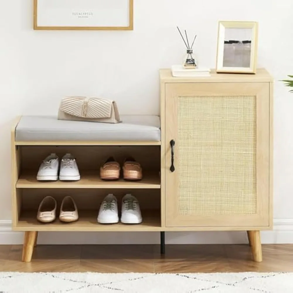 

Entryway Shoe Storage, Rattan Shoe Cabinet with Bench, Storage Bench with Adjustable Shelves and Padded Seat for Entryway, Hallw