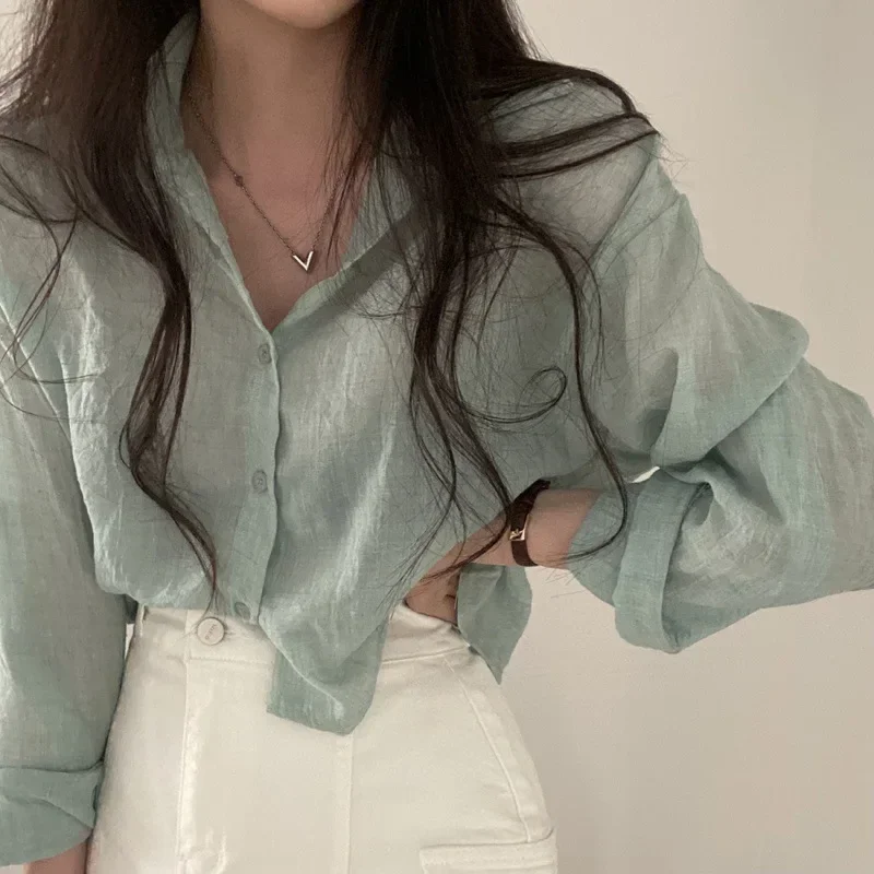 Summer Simple Solid Color Single-breasted Lapel Pleated Long-sleeved Shirt Loose Short Sunscreen Shirt