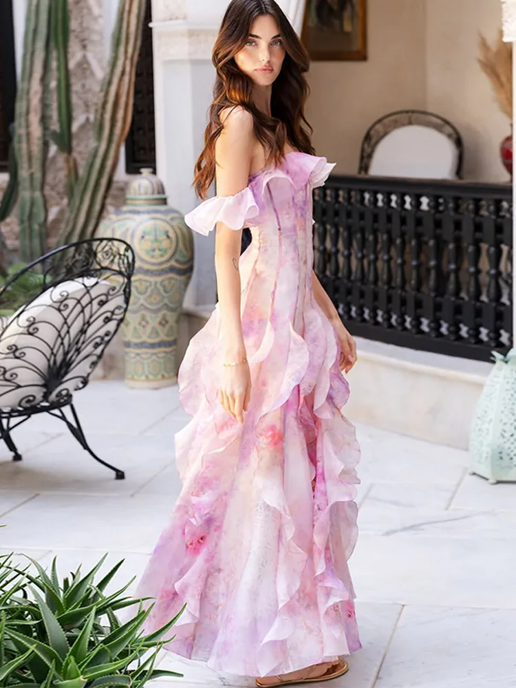 Elegante em camadas babados impresso vestido feminino chique fora do ombro cintura cinched vestidos longos 2025 verão festa à noite clube vestidos