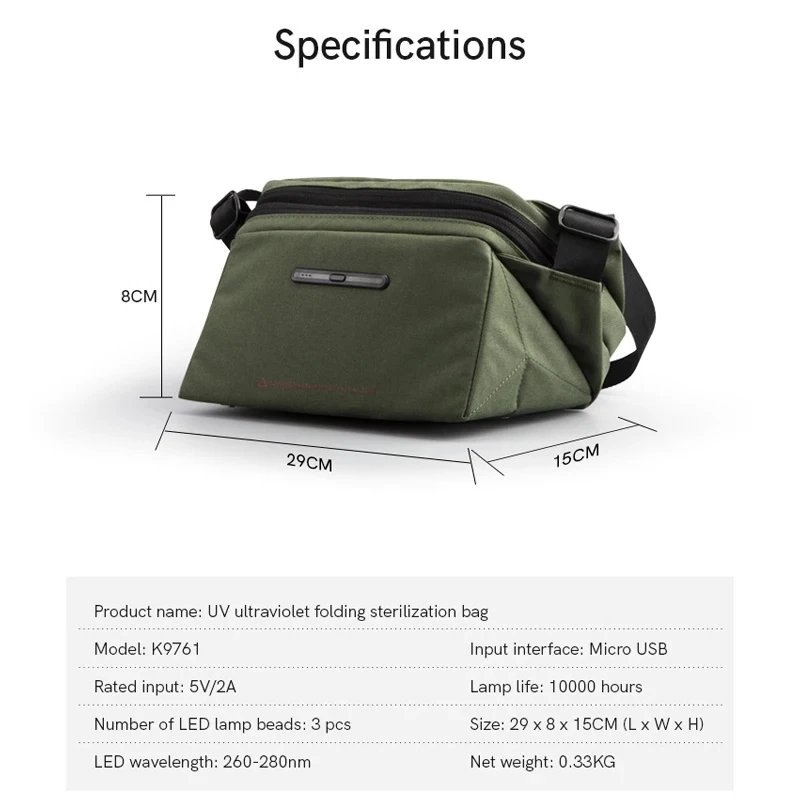 Kingsons UV-steriliseerde borsttas Outdoor reistas Multifunctionele herentas Schoudertas Messenger Bag Groene crossbodytas