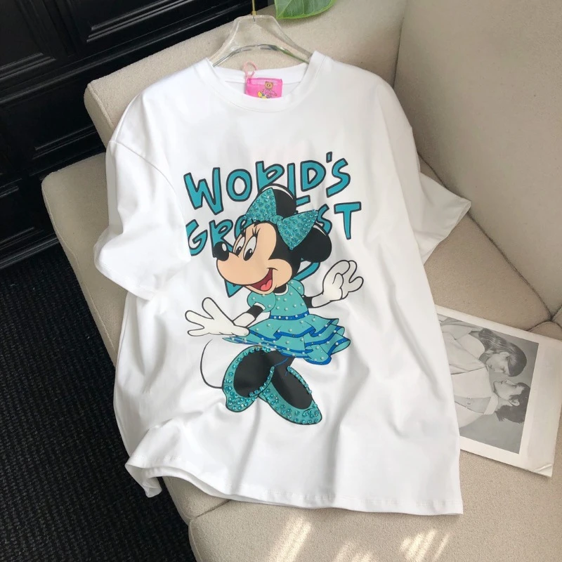 Spring New American Casual Original Tees Heavy Industry Diamond-encrusted Cartoon Printing Loose Pullovers Short-sleeved T-shirt