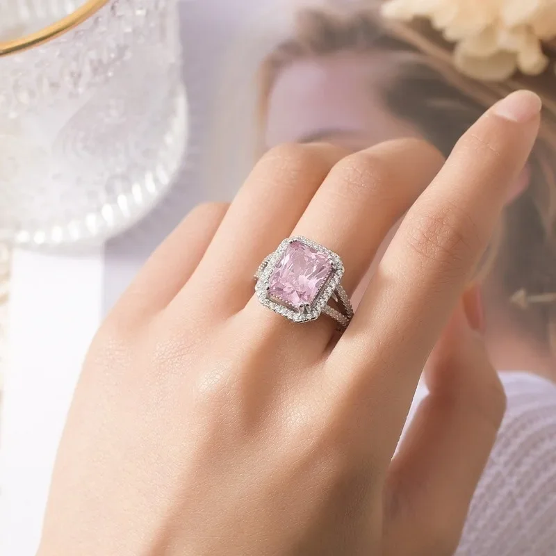 

Huaya Charming Women's Pink Square Zircon Shining Rings Wedding Engagement Elegant Dazzling Accessories Trend