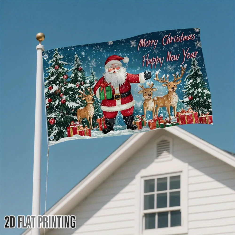 2D Flat 1pc Multi-size Optional, Christmas 2D Flat Print Square Flag - Santa Claus, Reindeer, Snow Forest Design