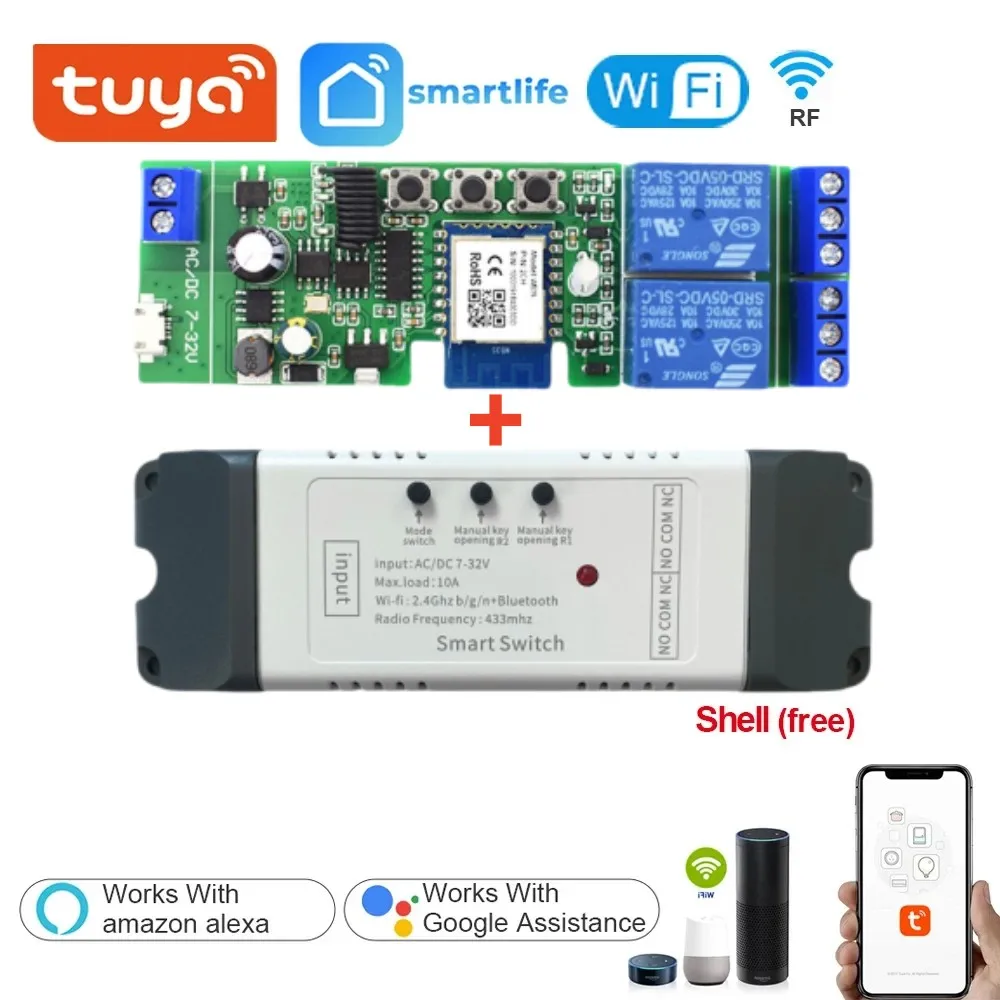 Tuya Smart Wifi Switch Module 12V 24V 220V RF 433 Remote Control Appliance Control Module 2CH Relay Work With Alexa Google Home