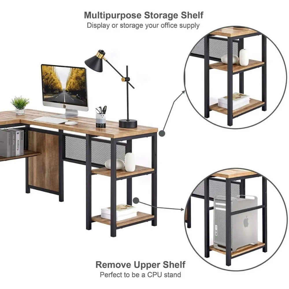 Mesa de computador em forma de L, mesa de escritório rústica industrial com armazenamento, mesa de canto reversível de madeira e metal para escritório doméstico