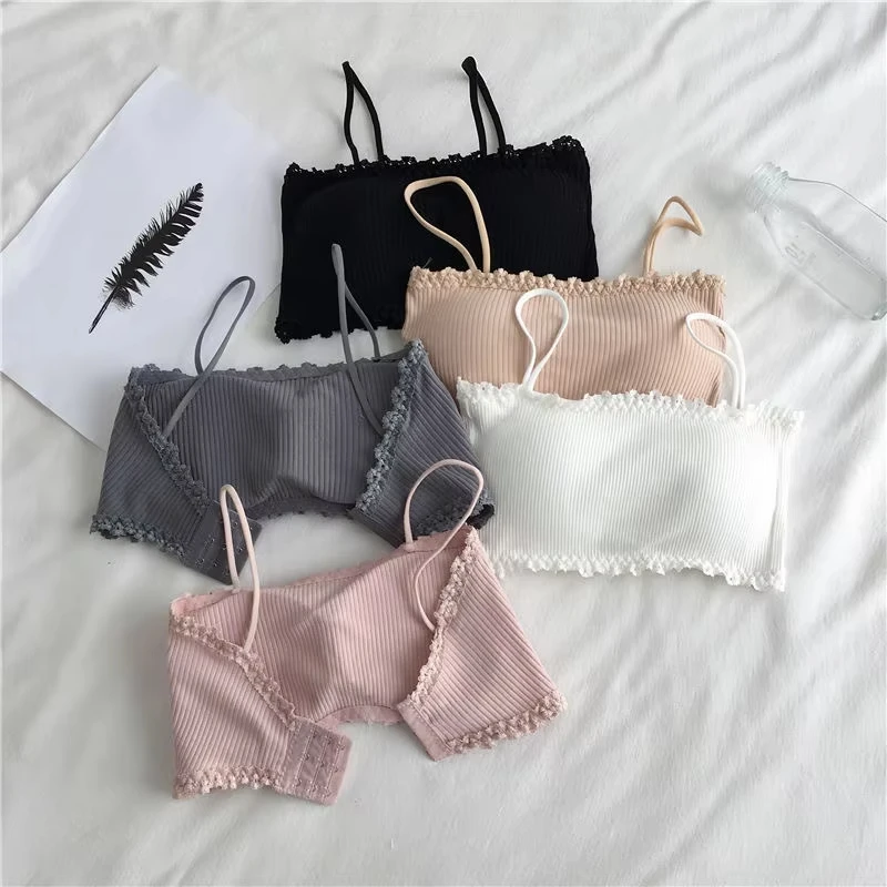 Womens Seamless Cotton Tube Top Bra with Chest Pad Adjustable Strap Camisole No Underwire Lace Trim Vest Comfort Sports Bra