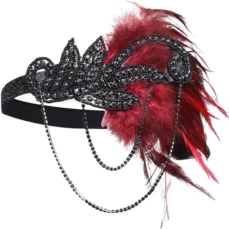 Women 1920s Flapper Dress Up Accessories Gatsby Charleston Party Feather Headband Retro Imitation Diamond Tassels Headwear Props