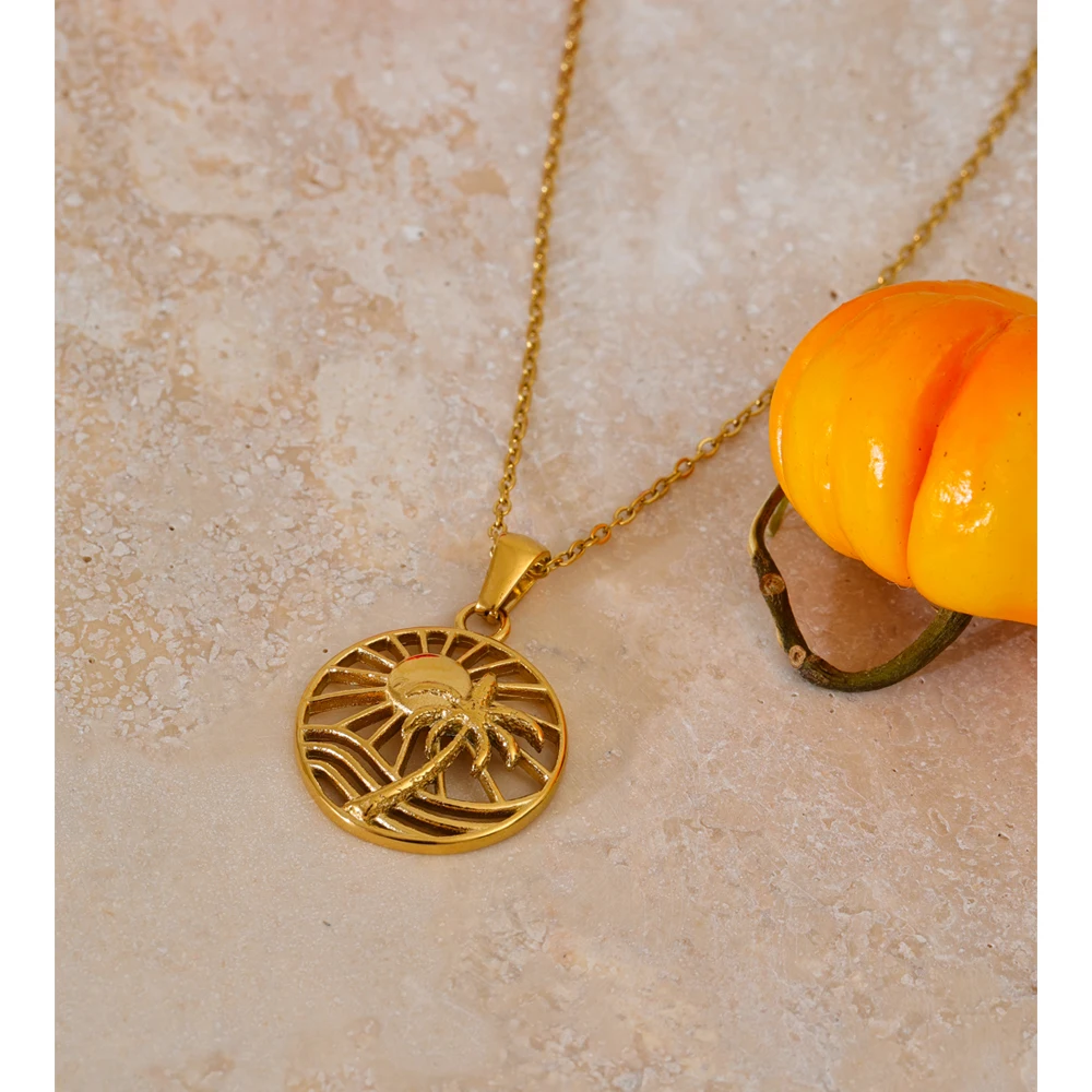 Yhpup Summer Stainless Steel Sun Coconut Tree Round Pendant Necklace Water Resistant Trendy Holiday Jewelry for Women
