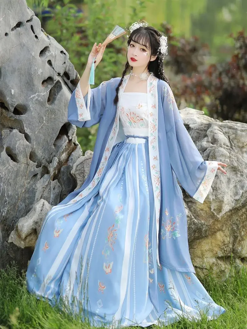 

WATER Hanfu Dresses Chinese Traditional Ancient Women's Blue Fairy Embroidery Stage Folk Dance Costumes Retro Song Dynasty Hanfu