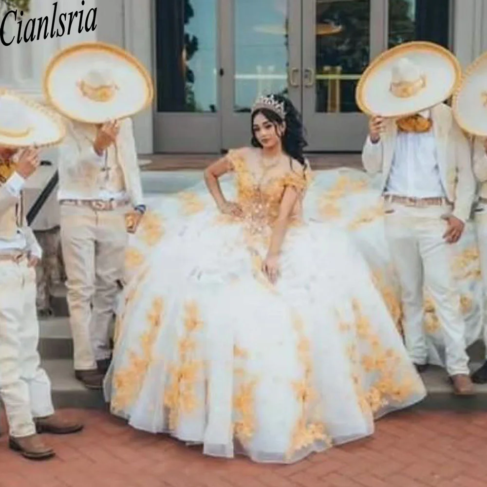 Vestido De princesa De quinceañera con hombros descubiertos, traje De encaje con lentejuelas, cuentas De lazo, tren De barrido, Túnica dulce De 15 años