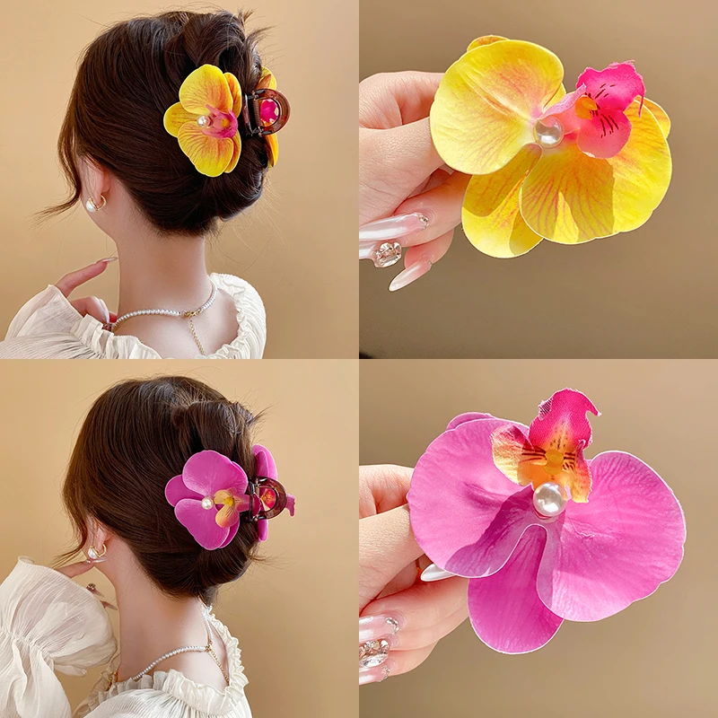 

1/2 Pcs Phalaenopsis Flower Acrylic Fabric Imitation Pearl Hair Claws for Women Fashion Sweet Fairy Shark Clip Accessories Set