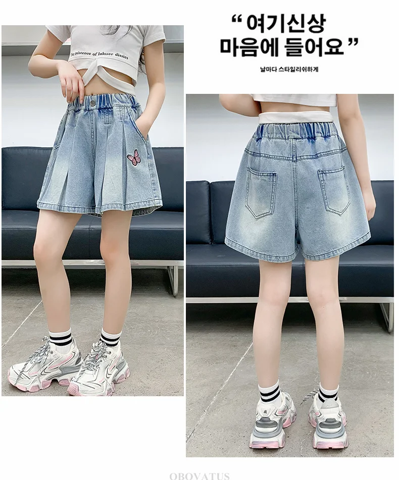 Modische Mädchen-Sommer-Denim-Shorts mit Schmetterling, elegante, modische, plissierte Shorts für Kinder und Teenager, lässige knielange Jeanshose, Größe 5-14 – Detail 3