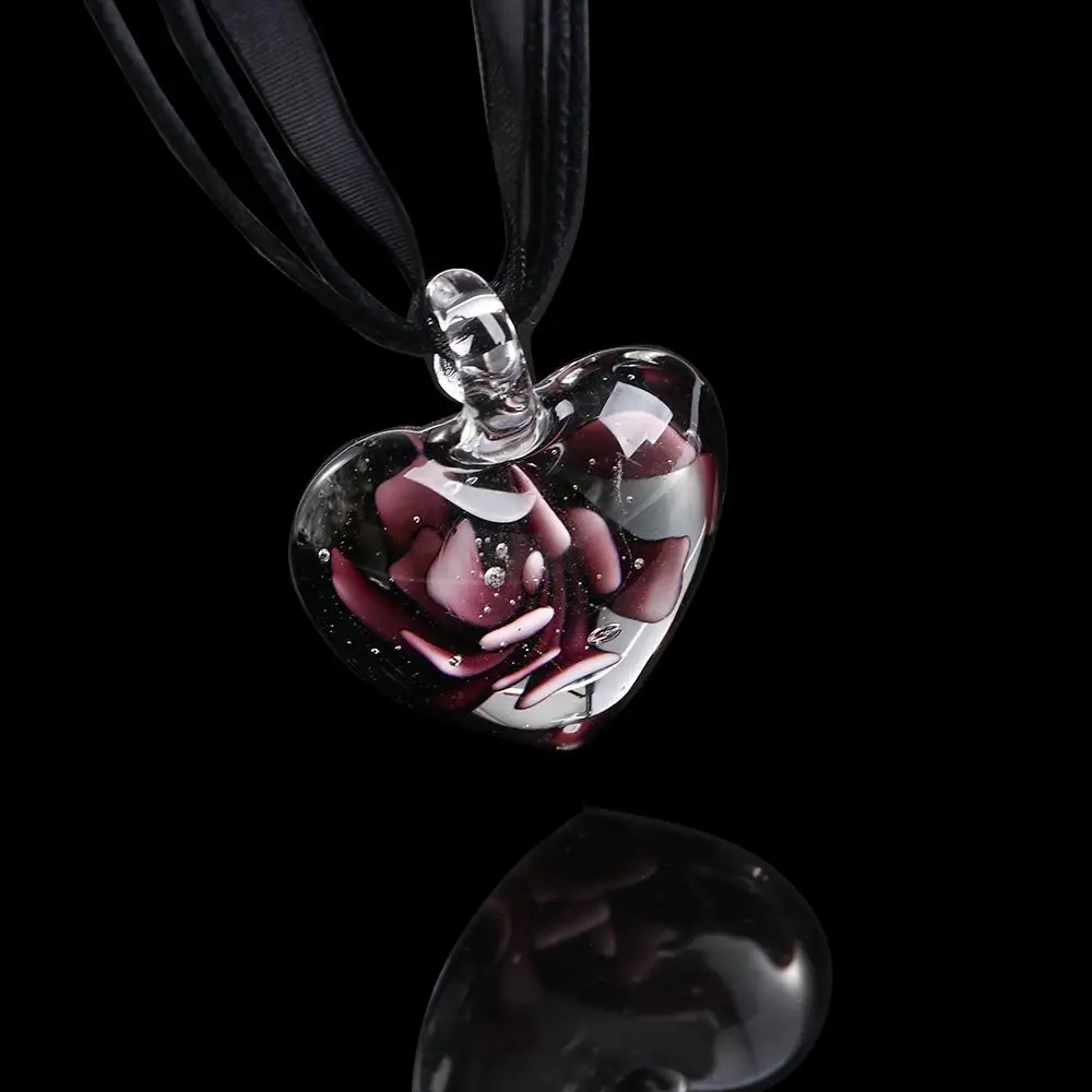 Murano Spiral Flowers Jewelry Flower Pendant Necklace Glass Heart Pendant Ribbon Necklace