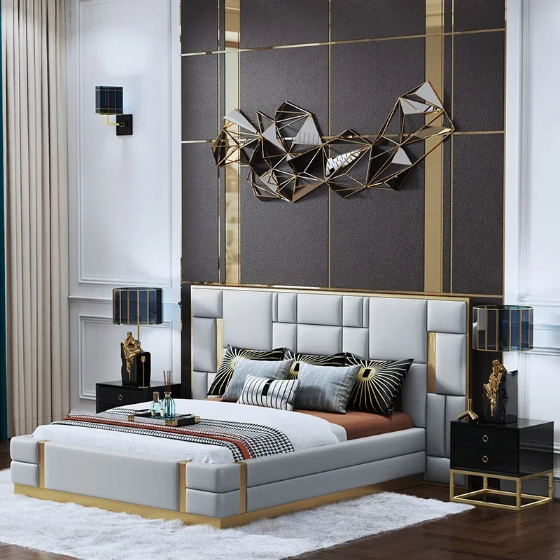 2026 Luxury Italian Design Leather Grey Headboard King Size Queen Size Double Bed Frame Beds with Storage Bedroom Set Furniture