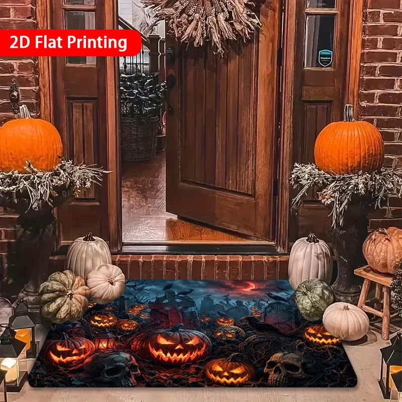 1pc 2D Flat Halloween Pumpkin Skull Indoor Entryway Area Rug, Non‑Slip Machine‑Washable Easy‑Clean Polyester Decor Floor Mat