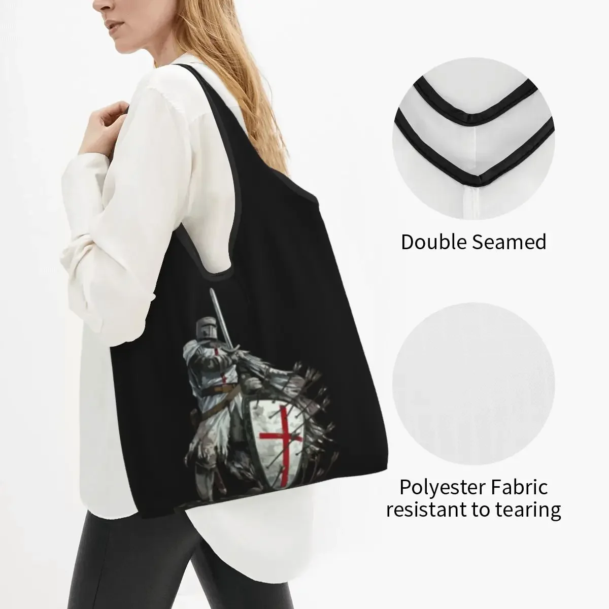 Fashion Print Templar Shield Cross Sword Knights Shopping Tote Bag Portable Shoulder Shopper Handbag