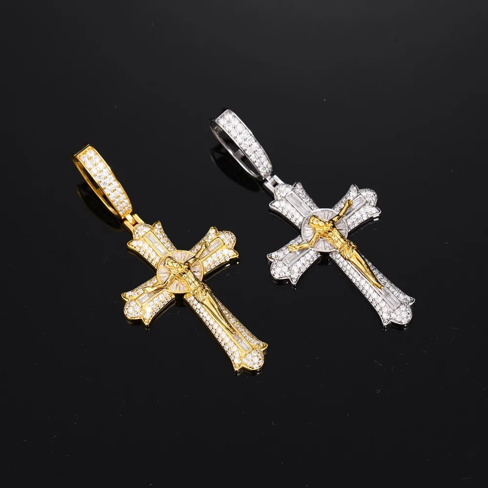 

925 Серебряный крест Иисуса с муассанитом, кулон в стиле хип-хоп, рок, мужские ювелирные изделия, цвет D, ожерелье с бриллиантами Mosan с веревочной цепочкой, 2-цветное покрытие