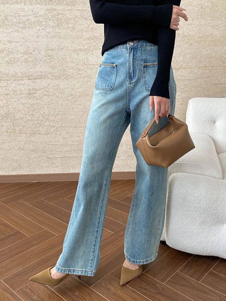 [LANMREM] Washed Jeans For Women High Waist Straight Wide Leg Denim Pants Fashion Trousers 2024 Autumn New Clothing 26C462