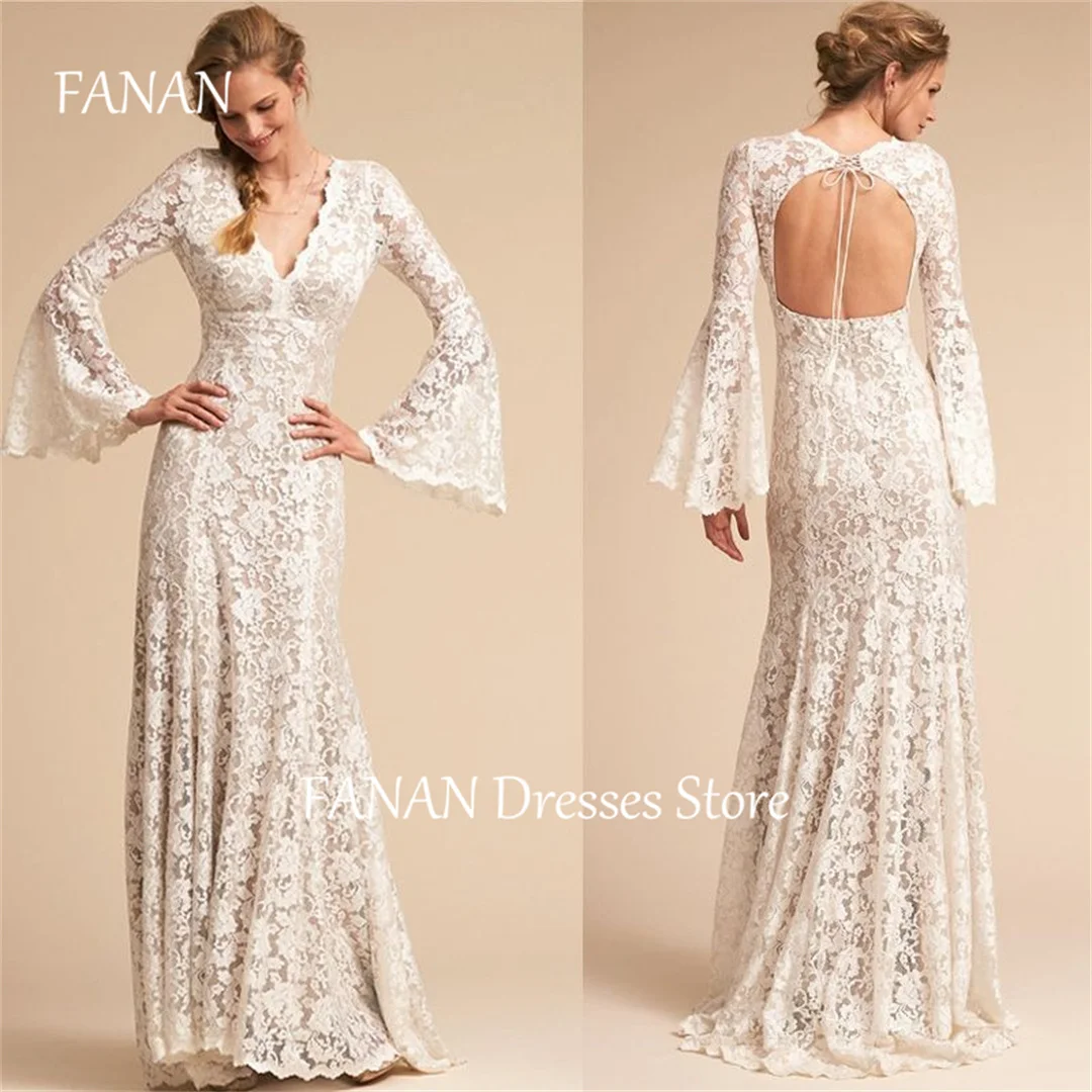 

FANAN V-Neck Korea Open Back Wedding Dresses Long Sleeves Sweep Train Lace 웨딩드레스 Ivory Mermaid Custom Made Bride Gowns Plus Size