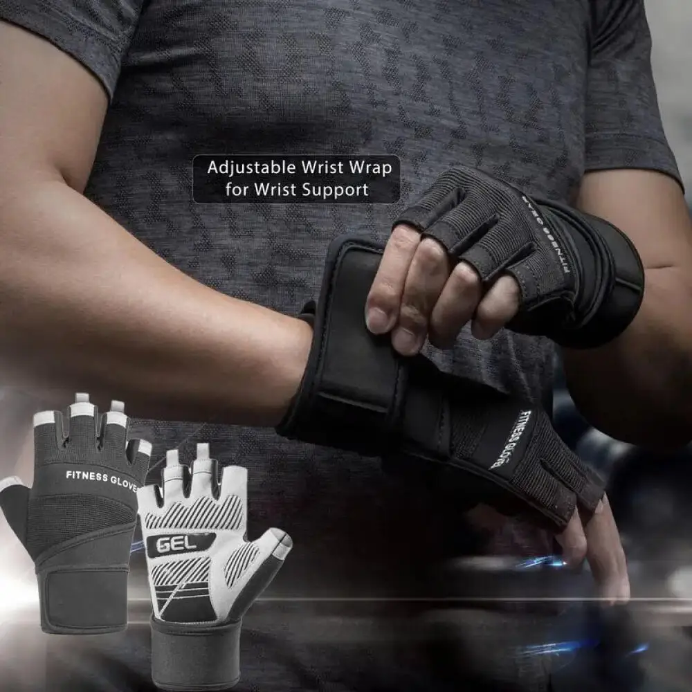 Half Finger Gym Gloves Wear Resistant Weightlifting Gloves with Wrist Support Wristwrap Gloves for Pull Ups Crossfit Exercise